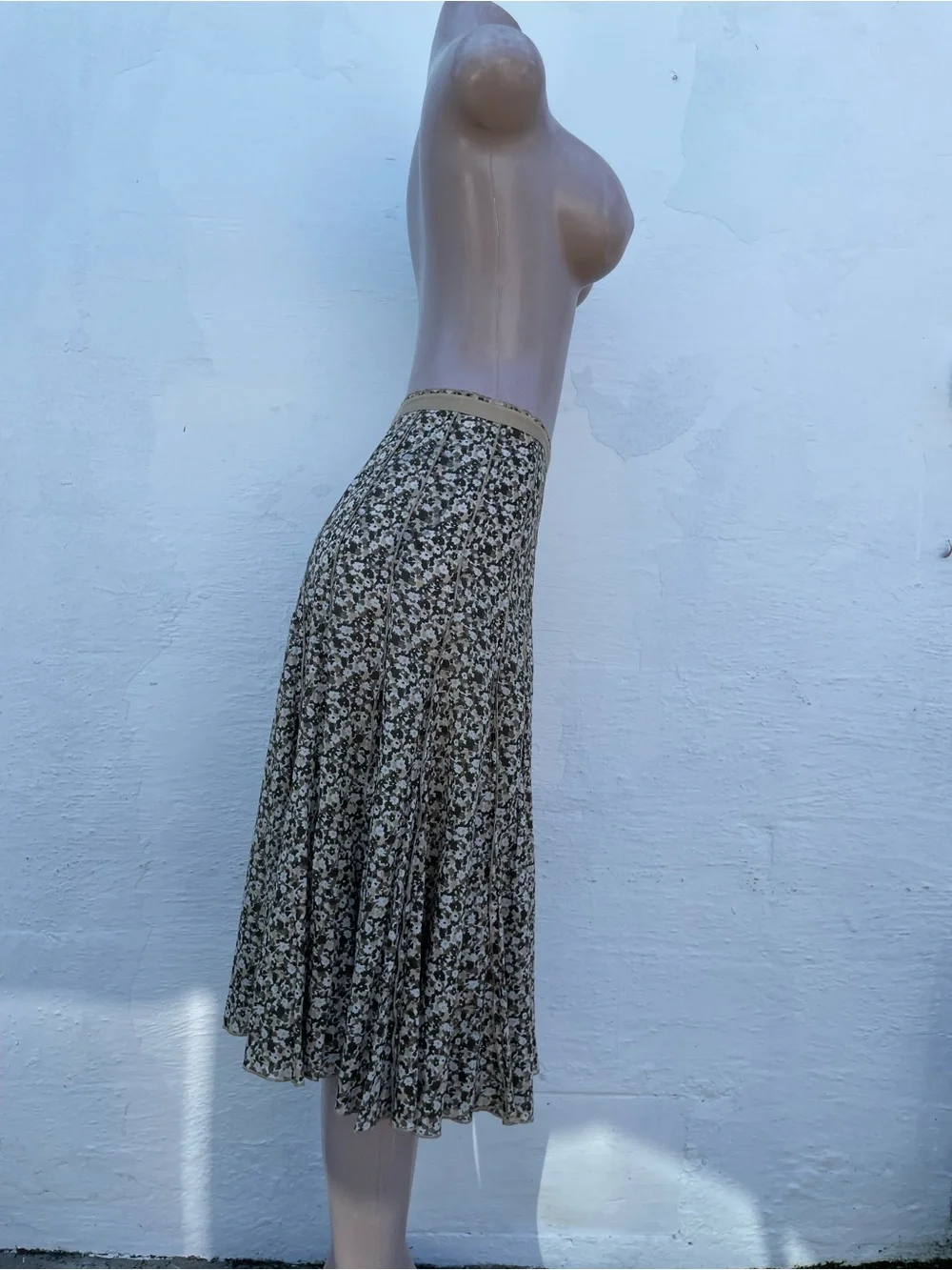 Michael Kors Olive and Cream Floral Pleated Midi Skirt